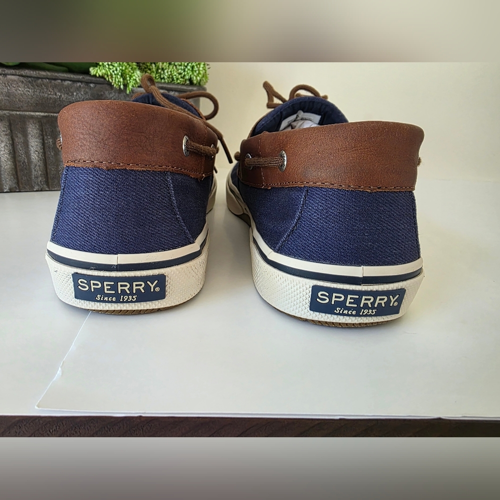 Sperry Halyard 2 Eye Boat Shoes Navy Denim Leather Trim MN 13 Wide Preppy Casual - Picture 6 of 12